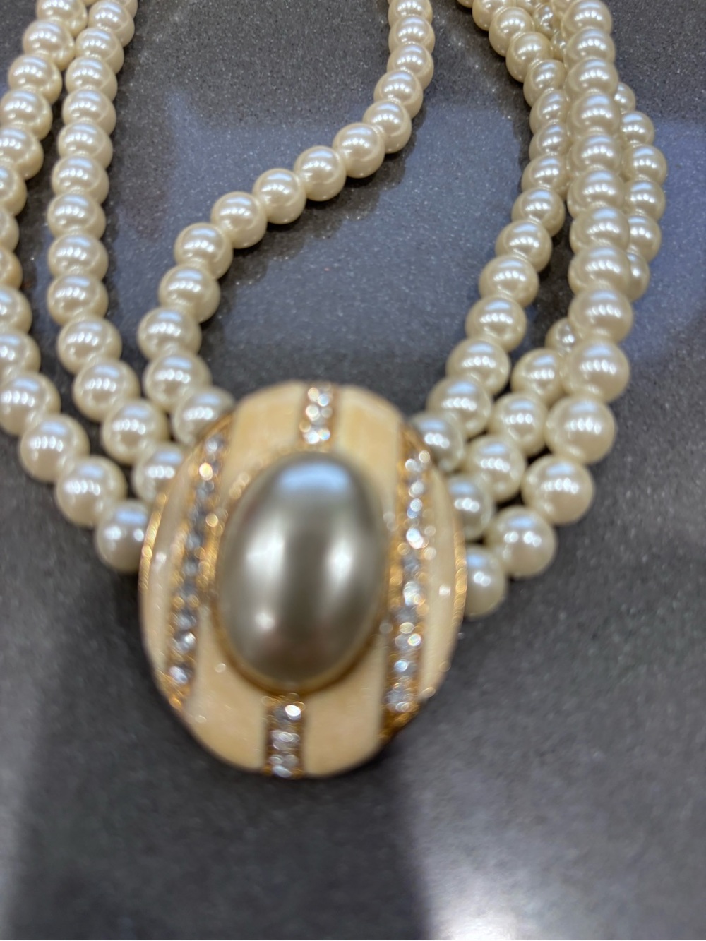 Pearl Multi-Strand Necklace with Gold and Gray Centerpiece